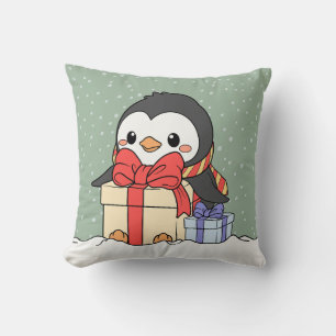 Cute penguin with Christmas gifts in the snowfall Throw Pillow