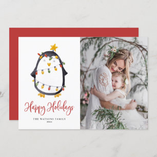 Cute Penguin with Christmas Lights Photo Holiday Card