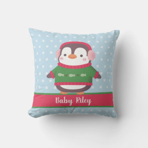 Cute Penguin With Ear Muffs And Sweater Throw Pillow