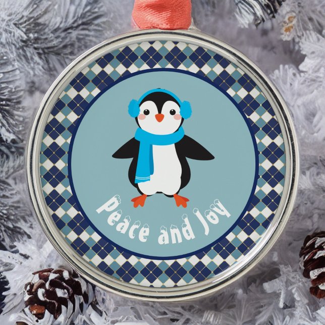 Cute Penguin with Earmuffs Peace and Joy Metal Ornament (Creator Uploaded)