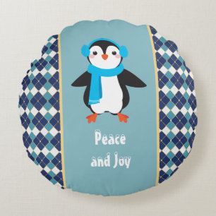 Cute Penguin with Earmuffs Peace and Joy Round Pillow