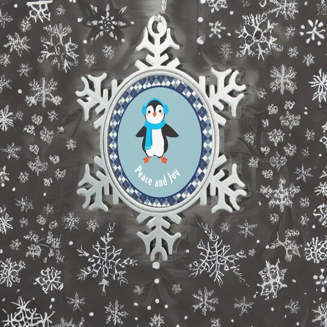 Cute Penguin with Earmuffs Peace and Joy Snowflake Pewter Christmas Ornament (Creator Uploaded)