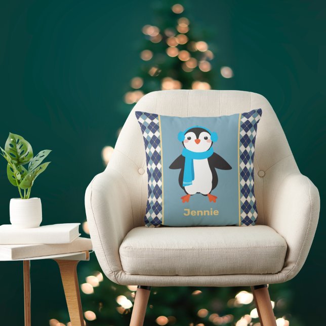 Cute Penguin with Earmuffs with Argyle Accents Throw Pillow (Creator Uploaded)
