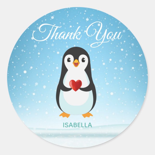Cute Penguin with Heart on Light Blue Classic Round Sticker (Front)
