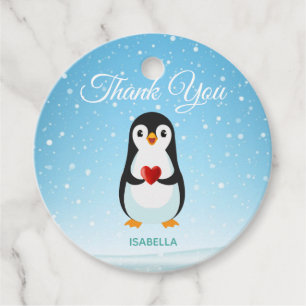 Cute Penguin with Heart on Light Blue Favour Tags