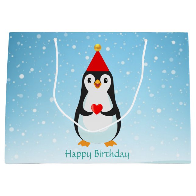 Cute Penguin with Heart on Light Blue Large Gift Bag (Front)