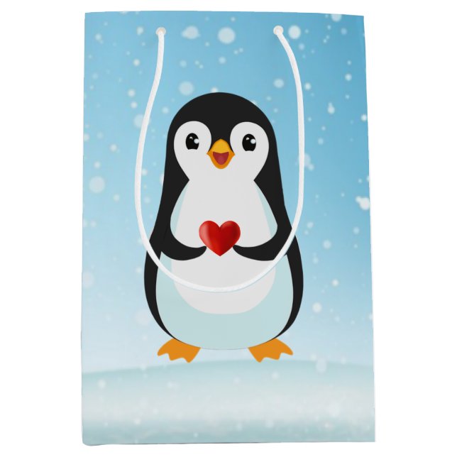 Cute Penguin with Heart on Light Blue Medium Gift Bag (Front)