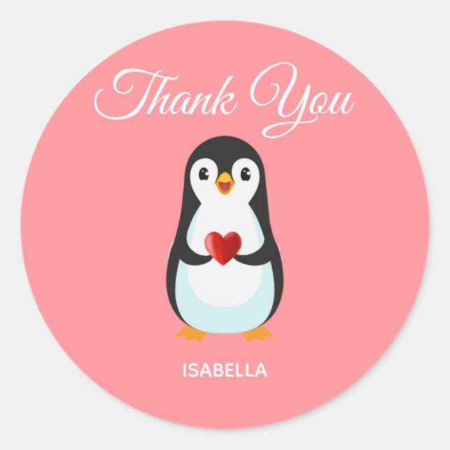Cute Penguin with Heart on Pink Thank You Classic Round Sticker (Front)