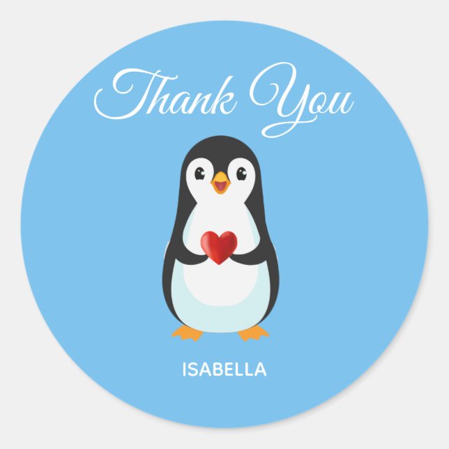 Cute Penguin with Heart on Turquoise Thank You Classic Round Sticker (Front)