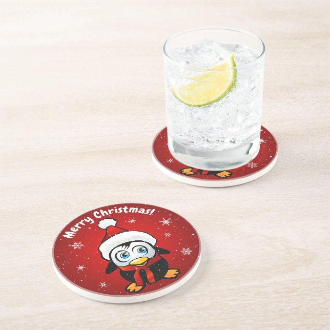 Cute Penguin With Santa Hat Coaster (Side)