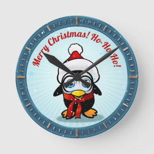 Cute Penguin With Santa Hat Round Clock