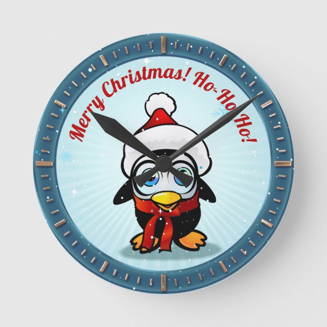 Cute Penguin With Santa Hat Round Clock (Front)