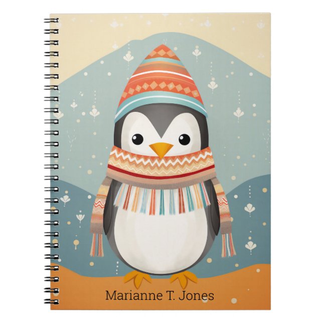 Cute Penguin with Scarf and Hat Spiral Notebook (Front)