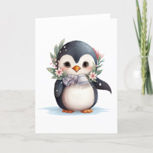 Cute Penguin With Scarf and Holly BLANK  Holiday Card
