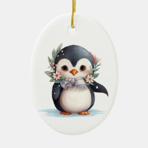 Cute Penguin With Scarf and Holly  Ceramic Ornament