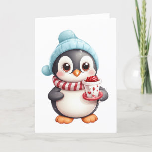 Cute Penguin with Snack/Snowball BLANK Holiday Card