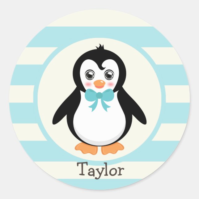 Cute Penguin with Turquoise Bowtie Classic Round Sticker (Front)