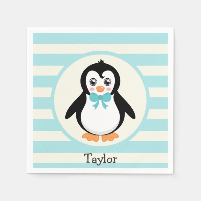 Cute Penguin with Turquoise Bowtie Napkin (Front)