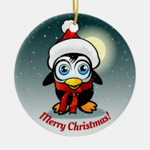 Cute Penguin With Xmas Hat Cartoon Ceramic Ornament