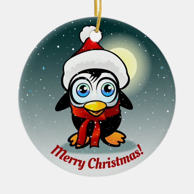 Cute Penguin With Xmas Hat Cartoon Ceramic Ornament (Front)