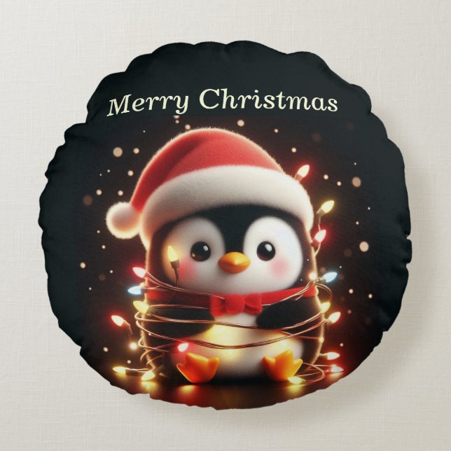 Cute Penguin Wrapped in Christmas Lights Round Pillow (Front)