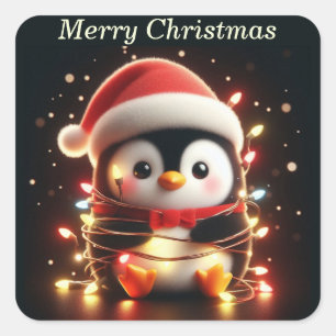 Cute Penguin Wrapped in Christmas Lights Square Sticker