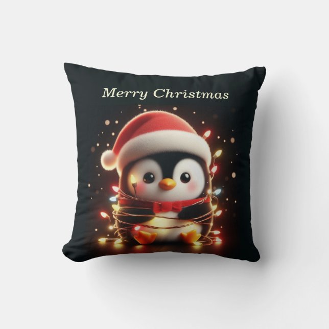 Cute Penguin Wrapped in Christmas Lights Throw Pillow (Front)