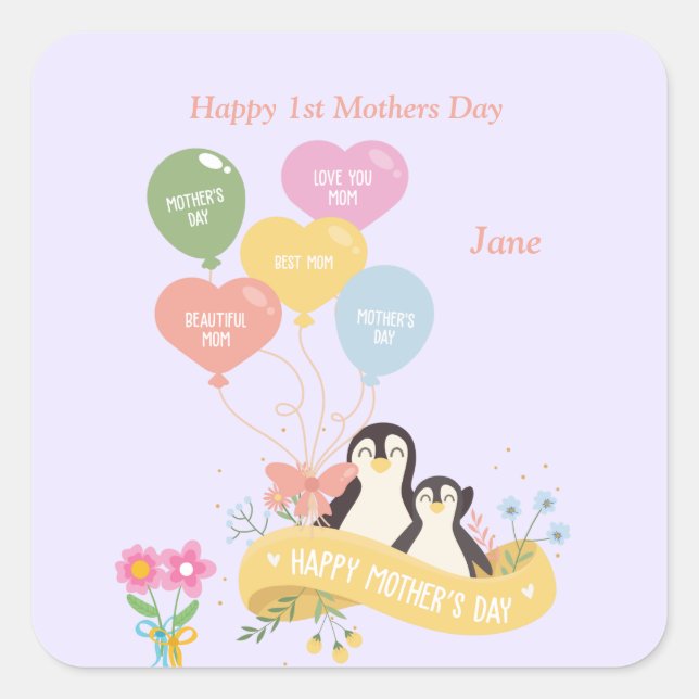 Cute Penguins 1st mother's day Square Sticker (Front)
