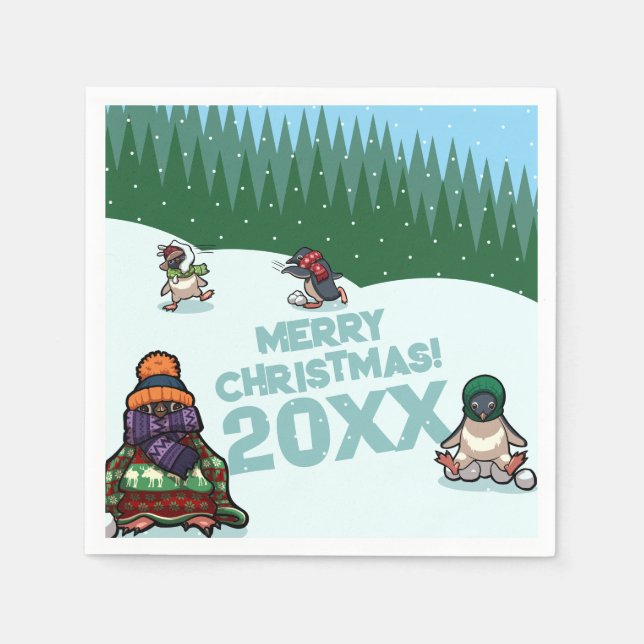 Cute Penguins Add The Year Merry Christmas! Winter Napkin (Front)