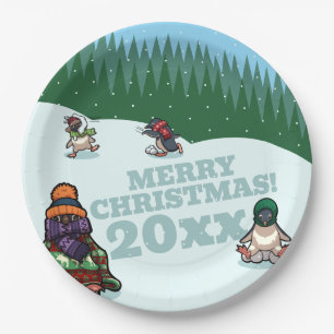 Cute Penguins Add The Year Merry Christmas! Winter Paper Plate