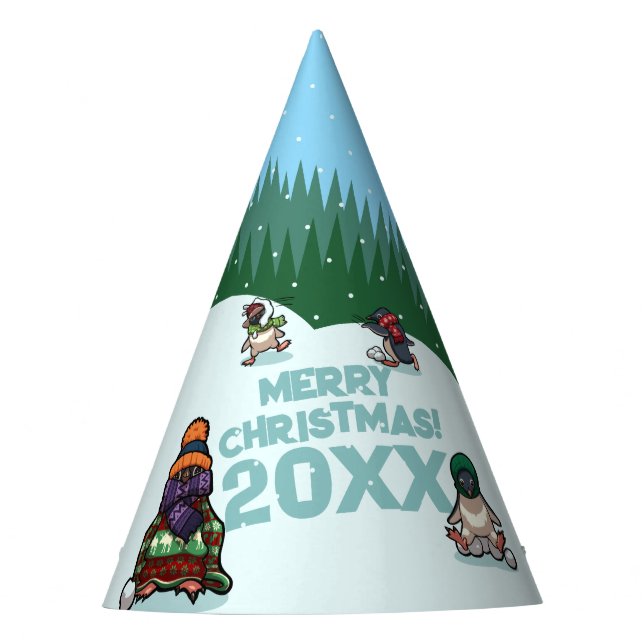 Cute Penguins Add The Year Merry Christmas! Winter Party Hat (Front)