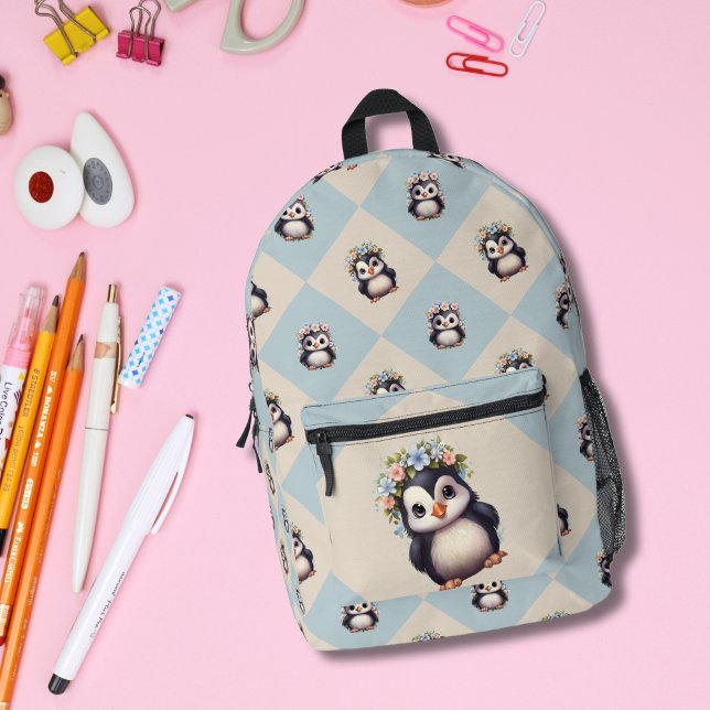 Cute Penguins Adorned with Flowers Printed Backpack (Cute Penguins Backpack Pattern. Flowers and pastel colors. Bilingual text. Multilingual Project)