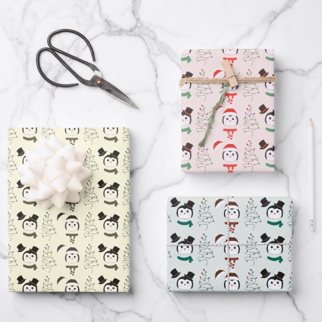 Cute Penguins and Modern Christmas Trees Christmas Wrapping Paper Sheet (Front)