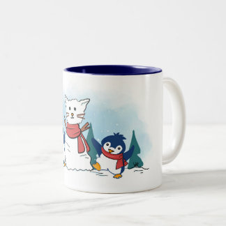 Cute Penguins building a Christmas Snowcat Two-Tone Coffee Mug