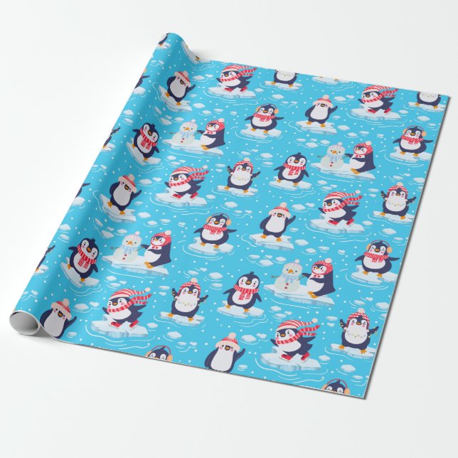 Cute Penguins Christmas Wrapping Paper (Unrolled)