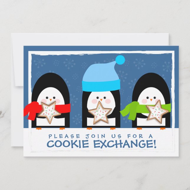Cute Penguins Cookie Exchange Party Invitation (Front)