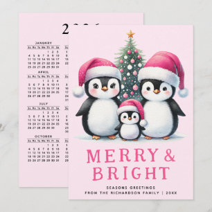 Cute Penguins Family Merry & Bright Pink Christmas Holiday Card