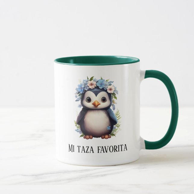 Cute Penguins Green Custom Bilingual Text Mug (Right)