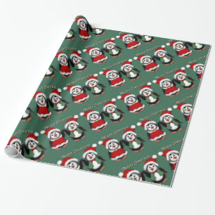Cute Penguins Green Merry Christmas Wrapping Paper