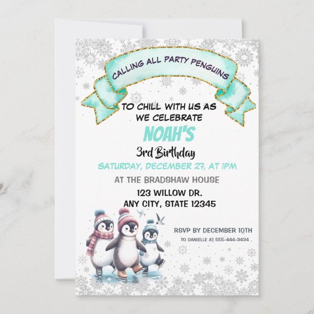 Cute Penguins Ice-skating Birthday Invitation (Front)