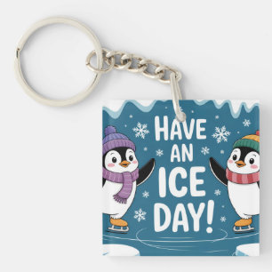 Cute Penguins Ice Skating Cartoon, Have an Ice Day Keychain