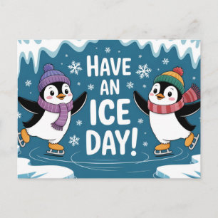 Cute Penguins Ice Skating Cartoon, Have an Ice Day Postcard