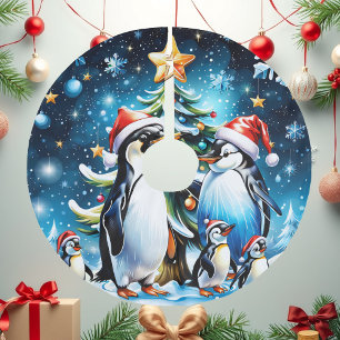 Cute penguins in a cheerful cartoon style, brushed polyester tree skirt