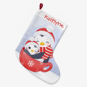 Cute Penguins in a Cup Large Christmas Stocking