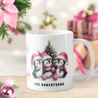 Cute Penguins in Pink Santa Hats Family Christmas