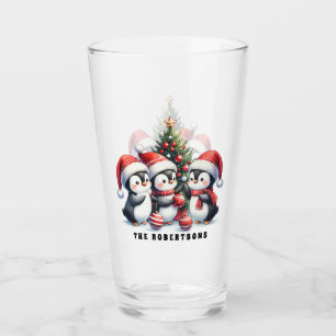 Cute Penguins in Santa Hats Personalized Christmas Glass