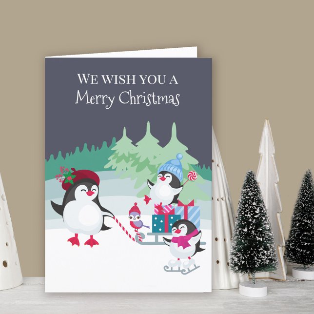 Cute Penguins in the Snow Forest Merry Christmas Holiday Card (Cute penguin Christmas Card. Buy professionally printed or as printable digital download.)