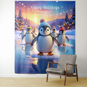 Cute Penguins in Winter Hats Backdrop Tapestry
