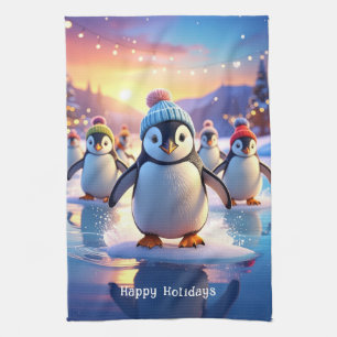 Cute Penguins in Winter Hats Kitchen Towel