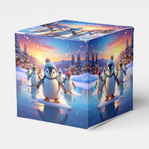 Cute Penguins in Winter Hats on Frozen Ice Favor Box